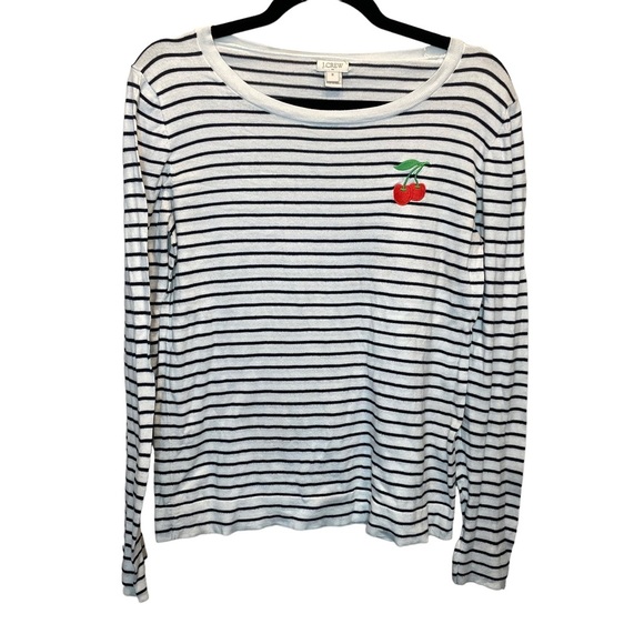J.Crew Factory Stripes White & Dark Navy Sweater with Embroidered Cherry Medium - Picture 1 of 7